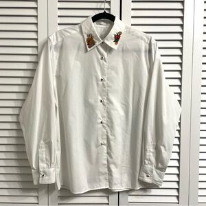 Foxcroft Harvest Embroidered Collar Buttons White Button Up Shirt Fall Sz 10